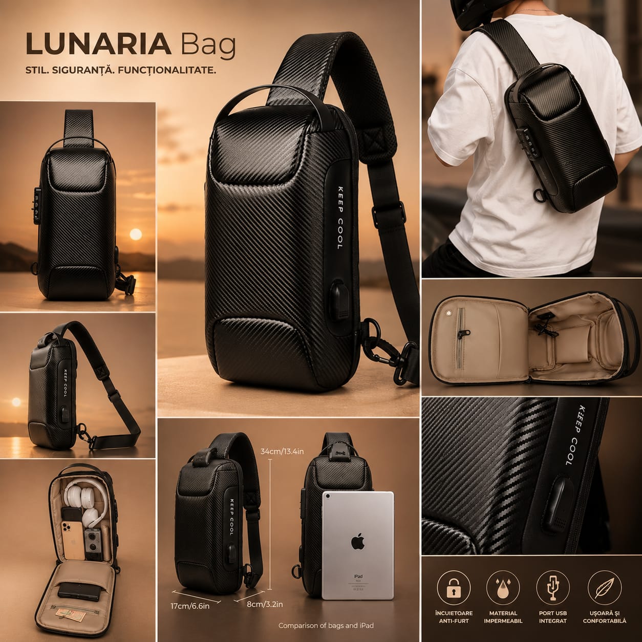 Geantă/Borsetă pentru bărbați Crossbody Lunaria, carbon
