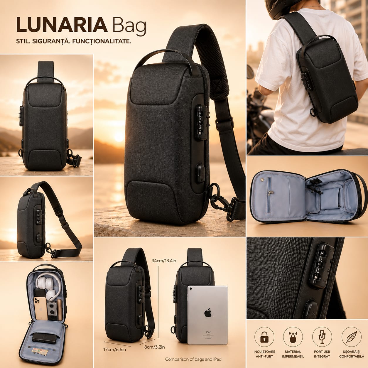 Geantă/Borsetă pentru bărbați Crossbody Lunaria, negru