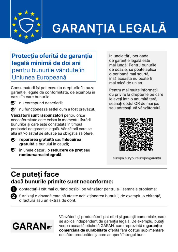 Notificare UE: garanția legală de conformitate de minimum doi ani pentru bunurile vândute în Uniunea Europeană.